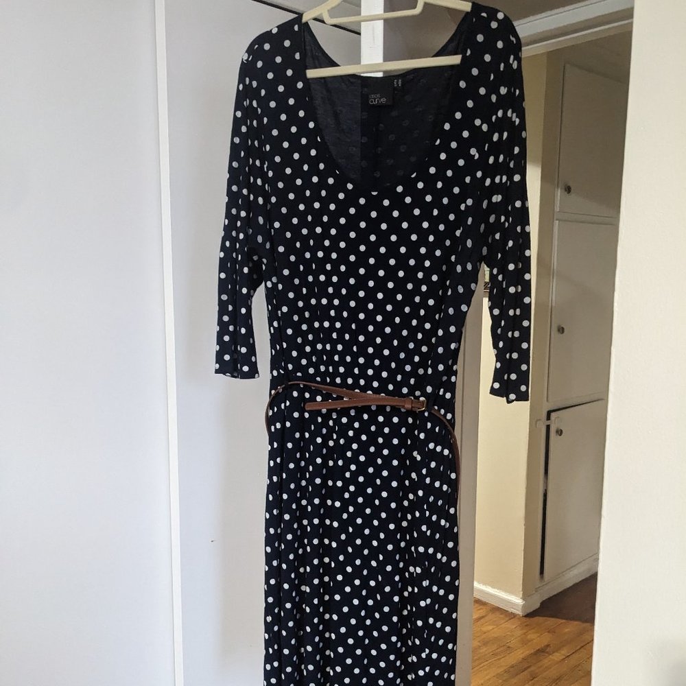 Wide neck polka dot navy blue dress